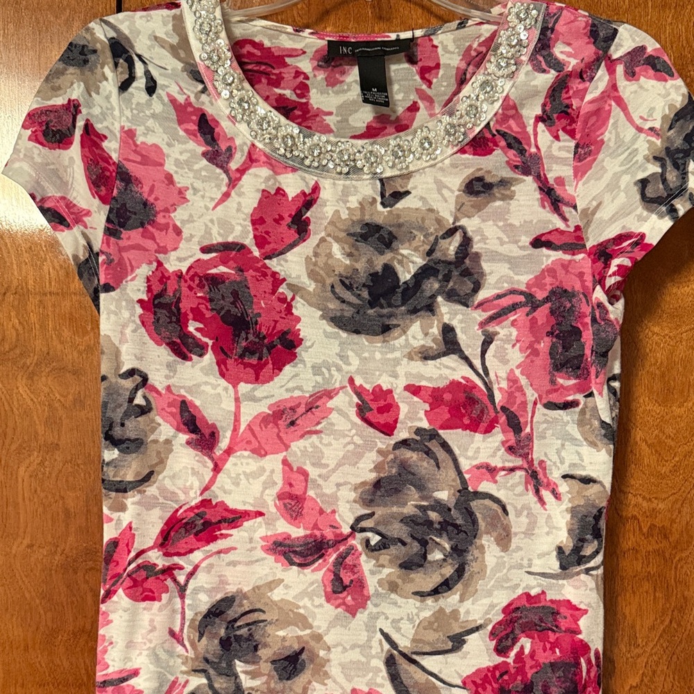 INC International Concepts Pink and Gray Floral Top